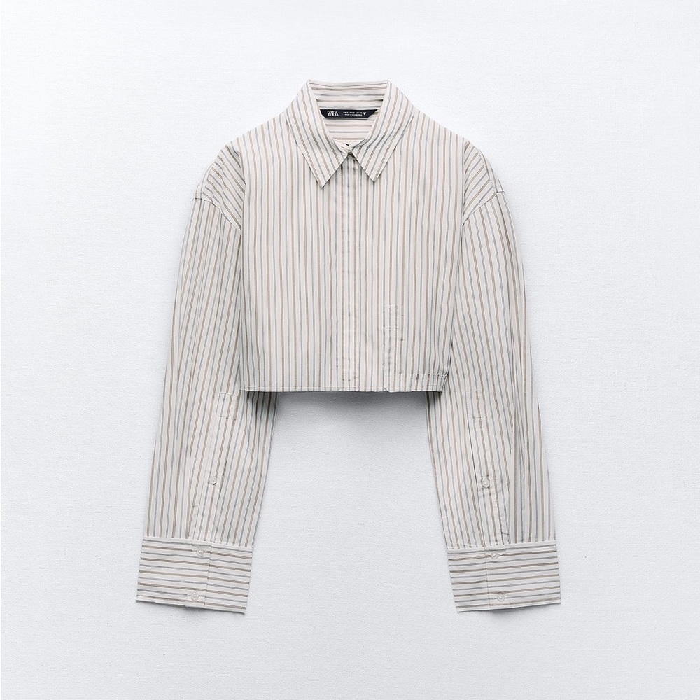 Zara White Tan Crop Shirt Top XS New